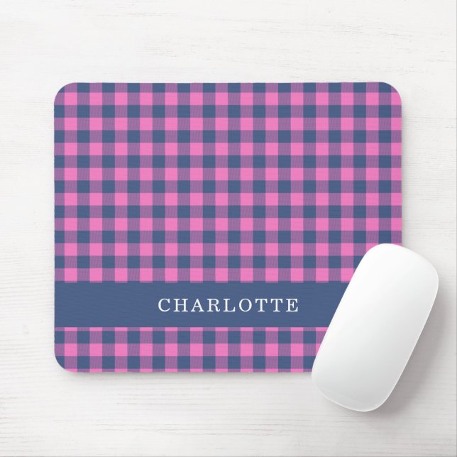 Retro Buffalo Plaid Pink Blue Personalised Name  Mouse Pad (With Mouse)