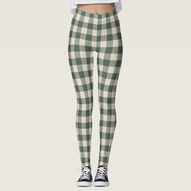 Retro Buffalo Plaid Tartan Pattern Forest Green    Leggings (Front)