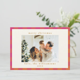 Retro Buffalo Plaid Tartan Pattern Pink and Orange Holiday Card