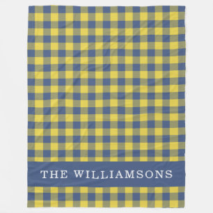 Retro Buffalo Plaid Yellow Blue Personalised Name Fleece Blanket