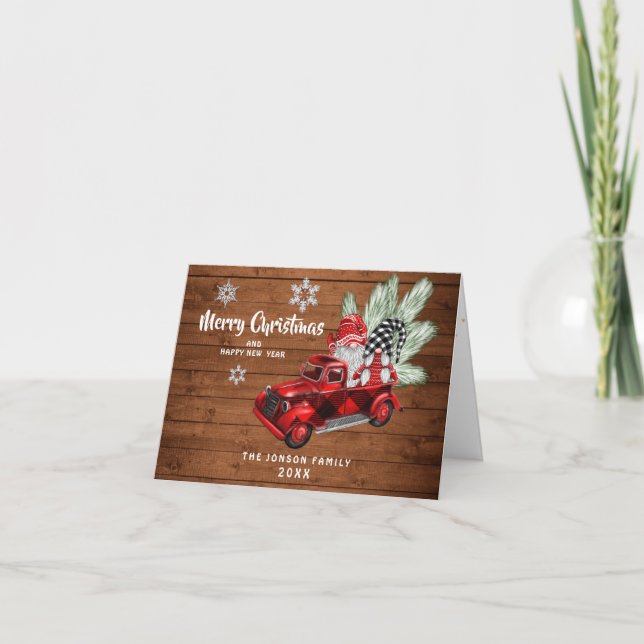 Retro Buffalo Red Truck Gnomes Rustic Christmas Card (Front)