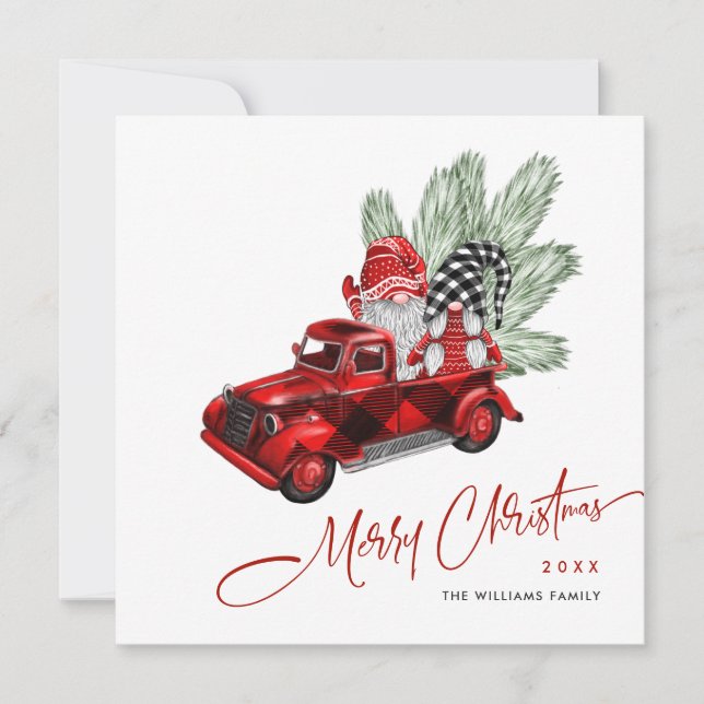 Retro Buffalo Red Truck Gnomes Rustic Christmas Holiday Card (Front)