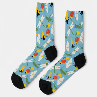 Retro Bugs Insects Illustrations Light Blue Socks