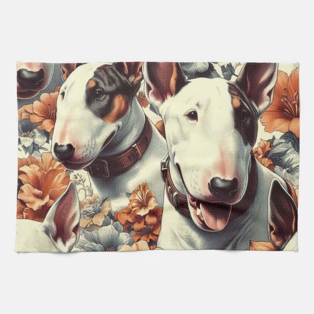 Retro Bull Terrier Seamless Painting Tea Towel (Horizontal)