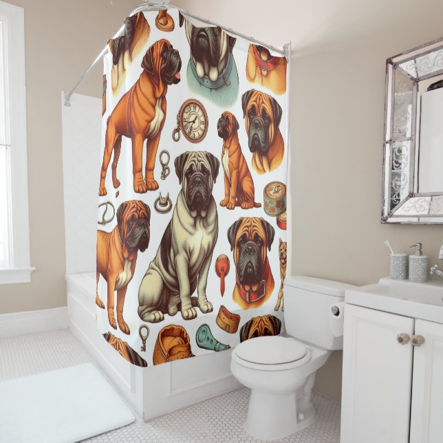 Retro Bullmastiff Seamless Shower Curtain (In Situ)