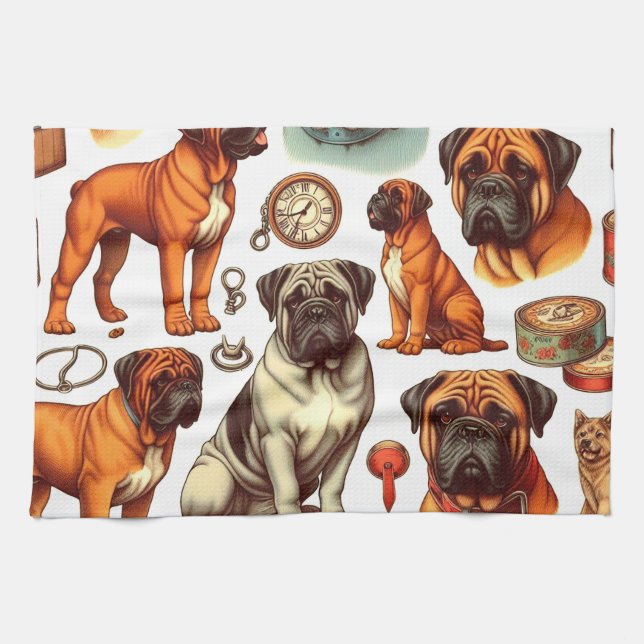 Retro Bullmastiff Seamless Tea Towel (Horizontal)
