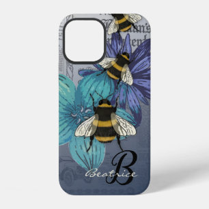 Retro Bumble Bee floral monogram iPhone 12 Case