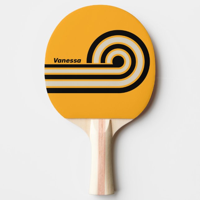 Retro Bumblebee Buzz Curl Stripes with Name Ping Pong Paddle (Front)