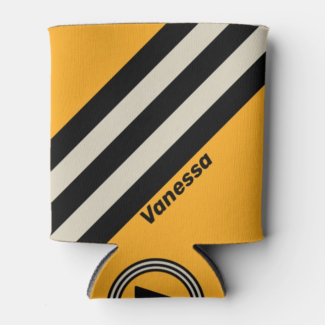 Retro Bumblebee Buzz Stripes with Name Can Cooler (Front)