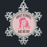 Retro Bunco Women What Number Are We On? Snowflake Pewter Christmas Ornament<br><div class="desc">Who has been to a Bunco party and has heard one of the Bunco players say "What Number Are We On?" ? Funny Bunco ornament features a retro women pondering what number she should be trying to get on the Bunco dice. Pink, black and white graphic art design features a...</div>