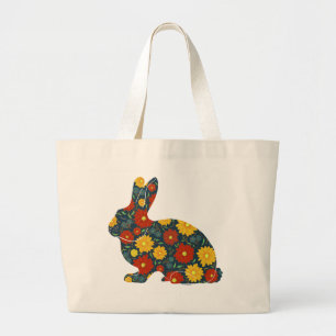 Retro bunny rabbit with orange and yellow flowers large tote bag