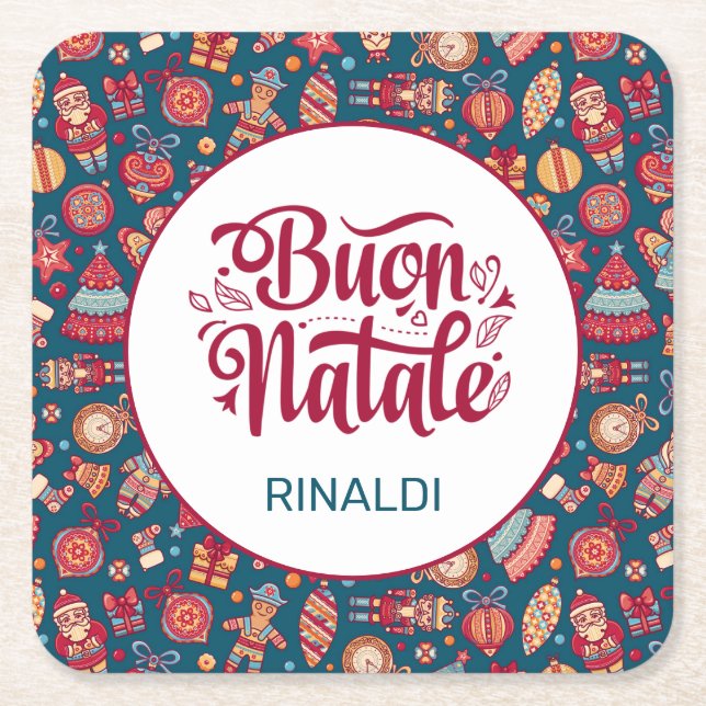 Retro Buon Natale Square Paper Coaster (Front)
