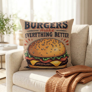 Retro Burger Lover Vintage Typography Food Art Cushion