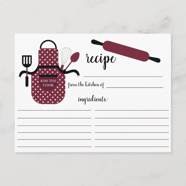 Retro Burgundy Apron Kitchen Tools Recipe Card (Front)