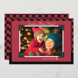 Retro Burgundy Buffalo Check Christmas Photo Holiday Card