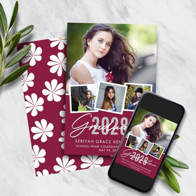 Retro Burgundy Daisy Graduation Photo Collage  Announcement (Retro Burgundy Daisy Graduation Photo Collage Announcement)