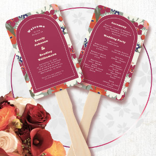 Retro Burgundy Dark Plum Red Floral Boho Wedding Hand Fan
