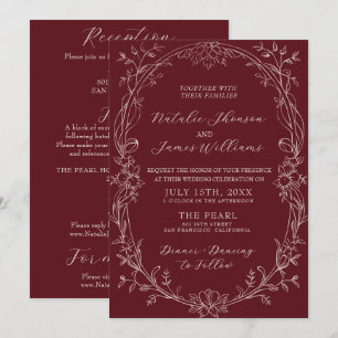 Retro Burgundy Floral Old Money All In One Wedding Invitation