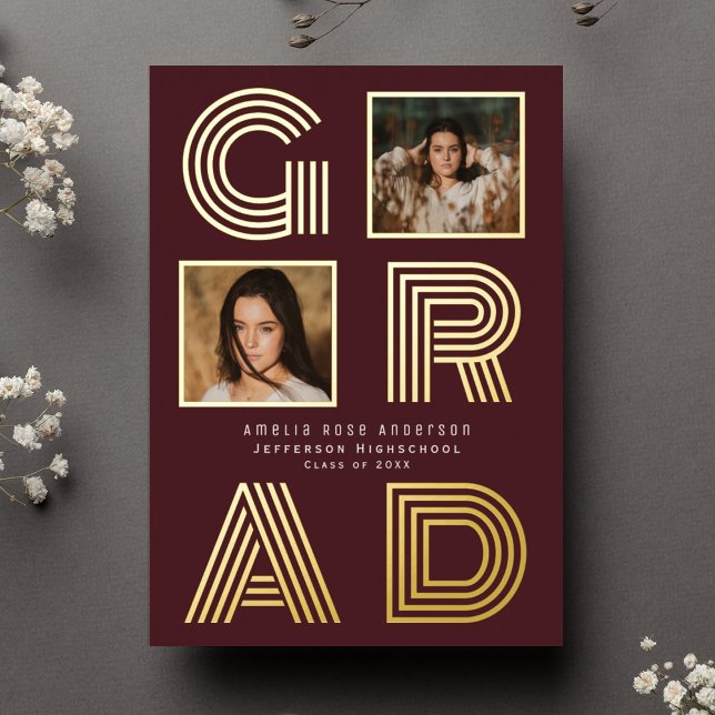 Retro Burgundy Foil Graduation Photo Announcement (Creator Uploaded)