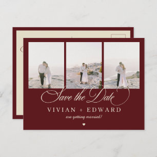 Retro Burgundy Ivory 3 Photo Collage Save The Date Postcard