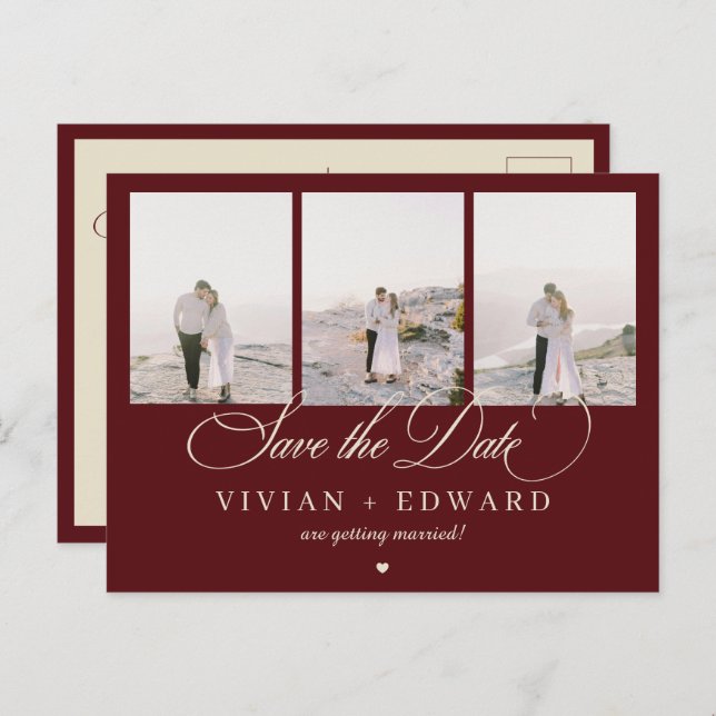 Retro Burgundy Ivory 3 Photo Collage Save The Date Postcard (Front/Back)