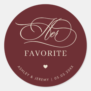 Retro Burgundy Ivory Her Favorite Wedding Favor   Classic Round Sticker