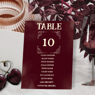 Retro Burgundy Ivory Wedding Seating Guest Names Table Number