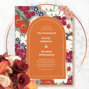 Retro Burnt Orange Bold Floral Boho Wedding Invitation