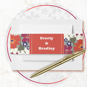 Retro Burnt Orange Summer Autumn Floral Wedding Invitation Belly Band
