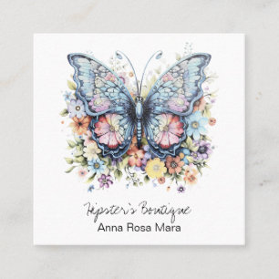 *~* Retro Butterfly AP57 Boho QR Vintage Floral Square Business Card