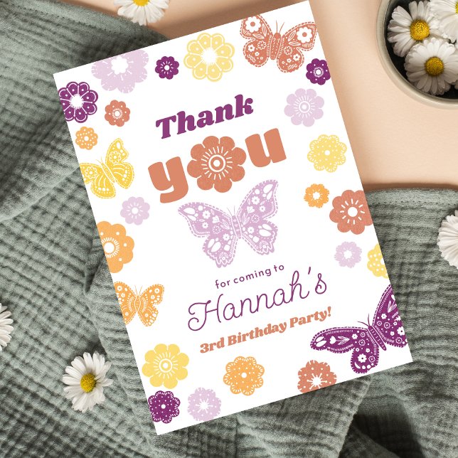 Retro Butterfly Birthday with Message Thank You Card (Retro Butterfly Thank You Notes for Girls Birthday)