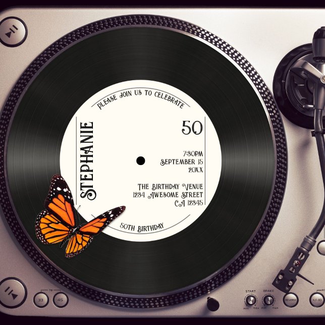 Retro Butterfly Faux Record Music 50th Birthday Invitation (Creator Uploaded)