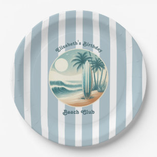 Retro Cabana Stripes Beach Club Surfboard Birthday Paper Plate