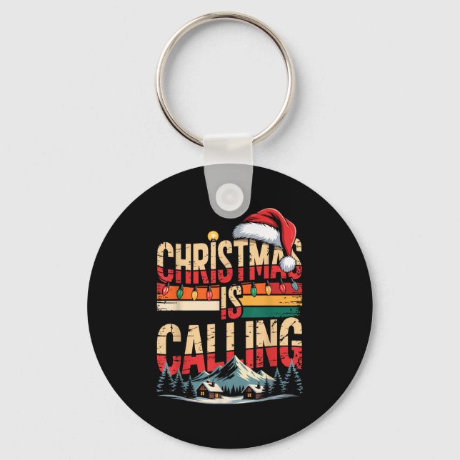 Retro Cabin Snowy Christmas Calling Lights Holiday Key Ring (Front)
