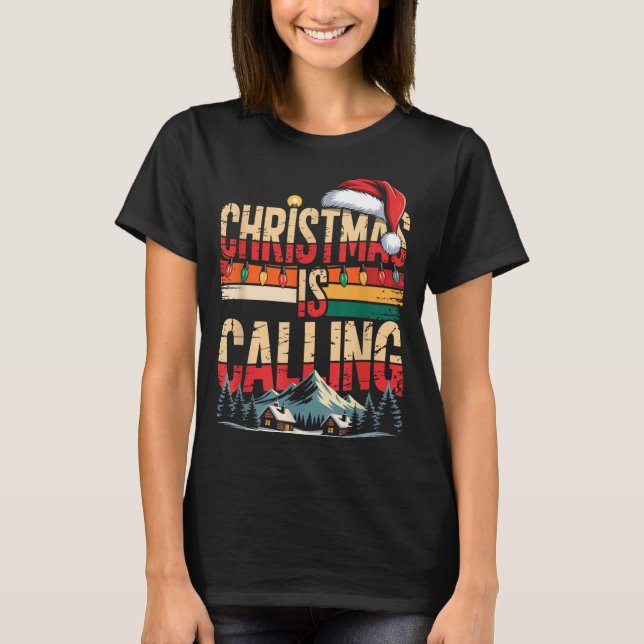 Retro Cabin Snowy Christmas Calling Lights Holiday T-Shirt (Front)