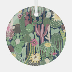 Retro Cactus Design: Seamless Fabric Texture Glass Tree Decoration