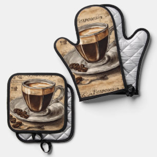 Retro Cafe Caffeine Lover Vintage Espresso Coffee  Oven Mitt & Pot Holder Set