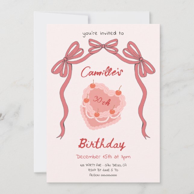 Retro Cake and Bow Coquette Birthday Invitation (Front)