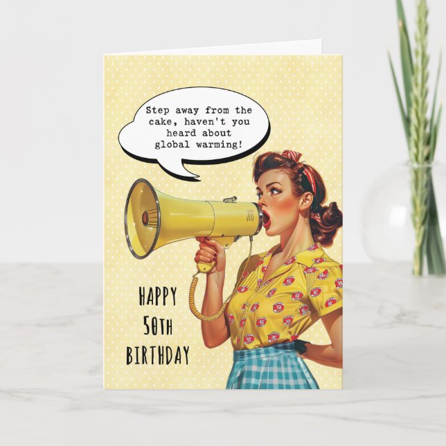 retro cake and global warming 50th birthday card (Front)