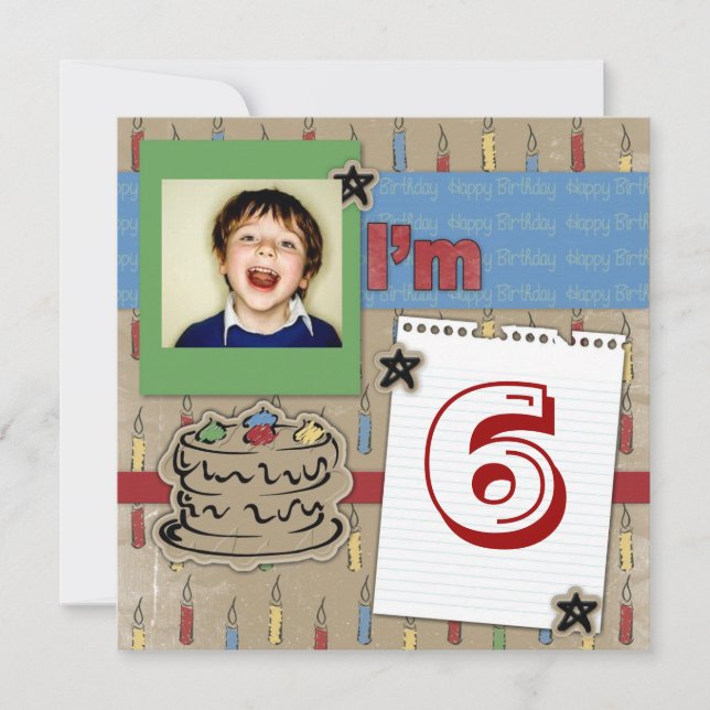 retro cake candle boy photo birthday invitations (Front)