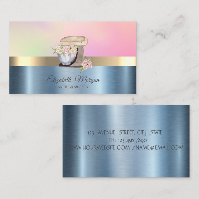  Retro Cake Mixer Flower Blue Metallic Business Card (Front/Back)