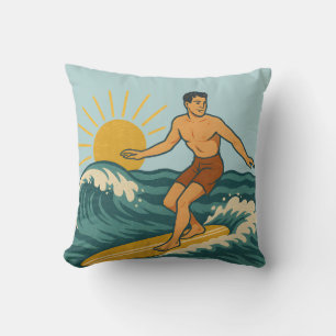 Retro Cali Surfer Reversible Surfboard Print Blue Cushion