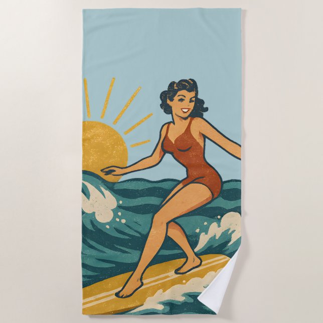 Retro California Pin-Up Surfer | Blue Surf Graphic Beach Towel (Front)