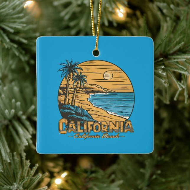 Retro California Sunset Beach Scene Ceramic Ornament (Tree)