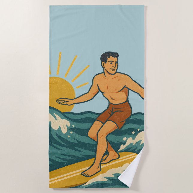 Retro California Surfer Blue Coastal Surf Graphic Beach Towel (Front)