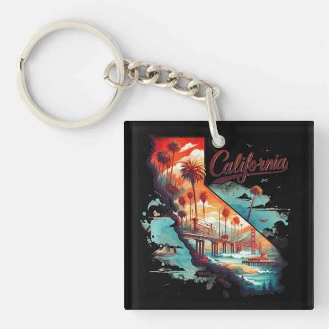 Retro California USA Map Travel Souvenir Key Ring (Front)