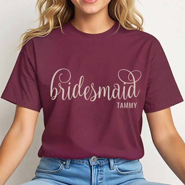 Retro Calligraphy Natural on Maroon Bridesmaid  T-Shirt (Natural on Maroon)
