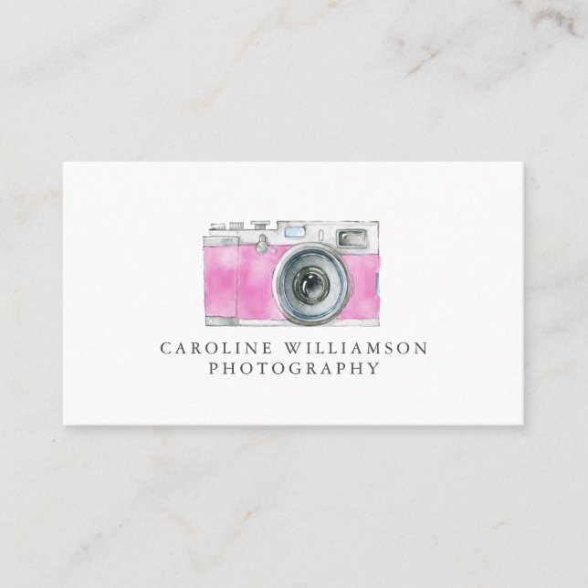 Retro Camera Pink Watercolor Art Photography Logo  Business Card (Front)
