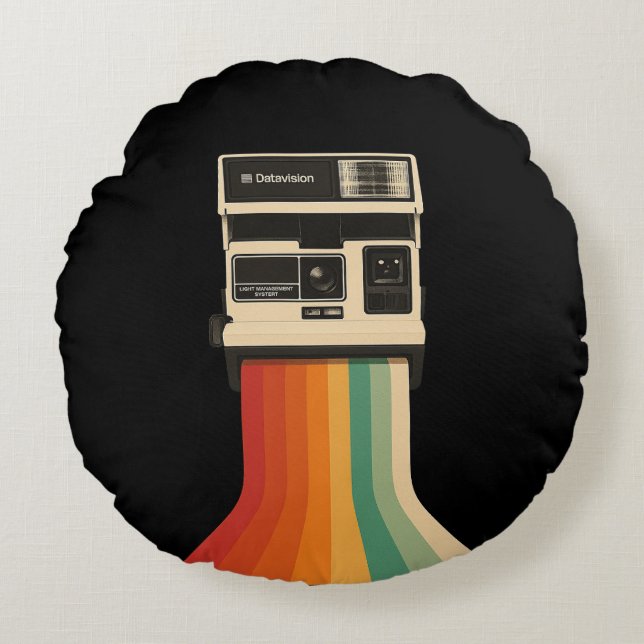 Retro Camera with Rainbow Print Round Cushion (Front)