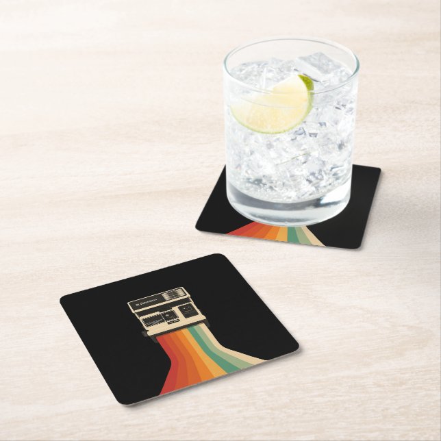 Retro Camera with Rainbow Print Square Paper Coaster (Insitu)